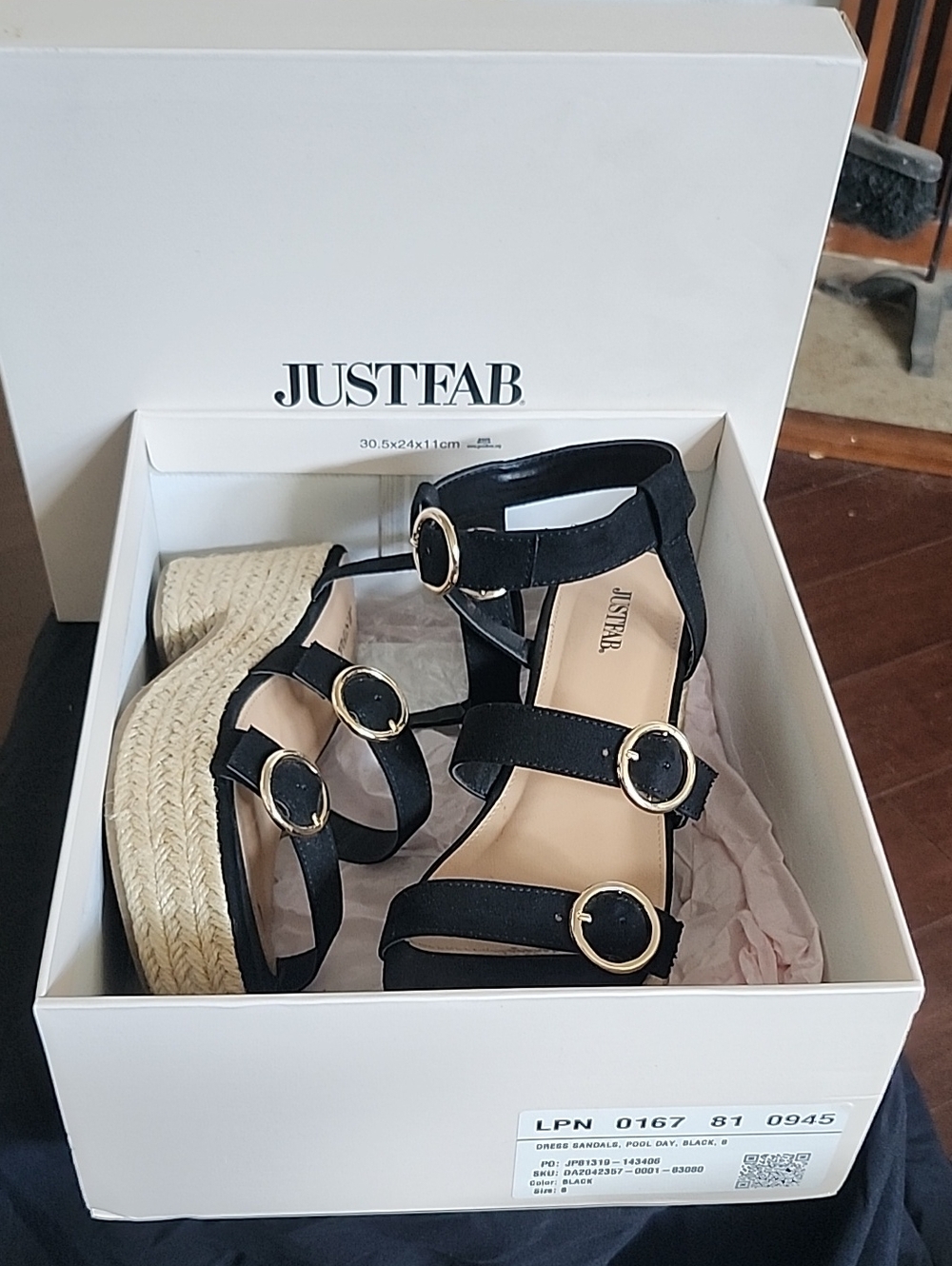JustFab Black Wedge Sandals with Gold Buckles and Strappy Design